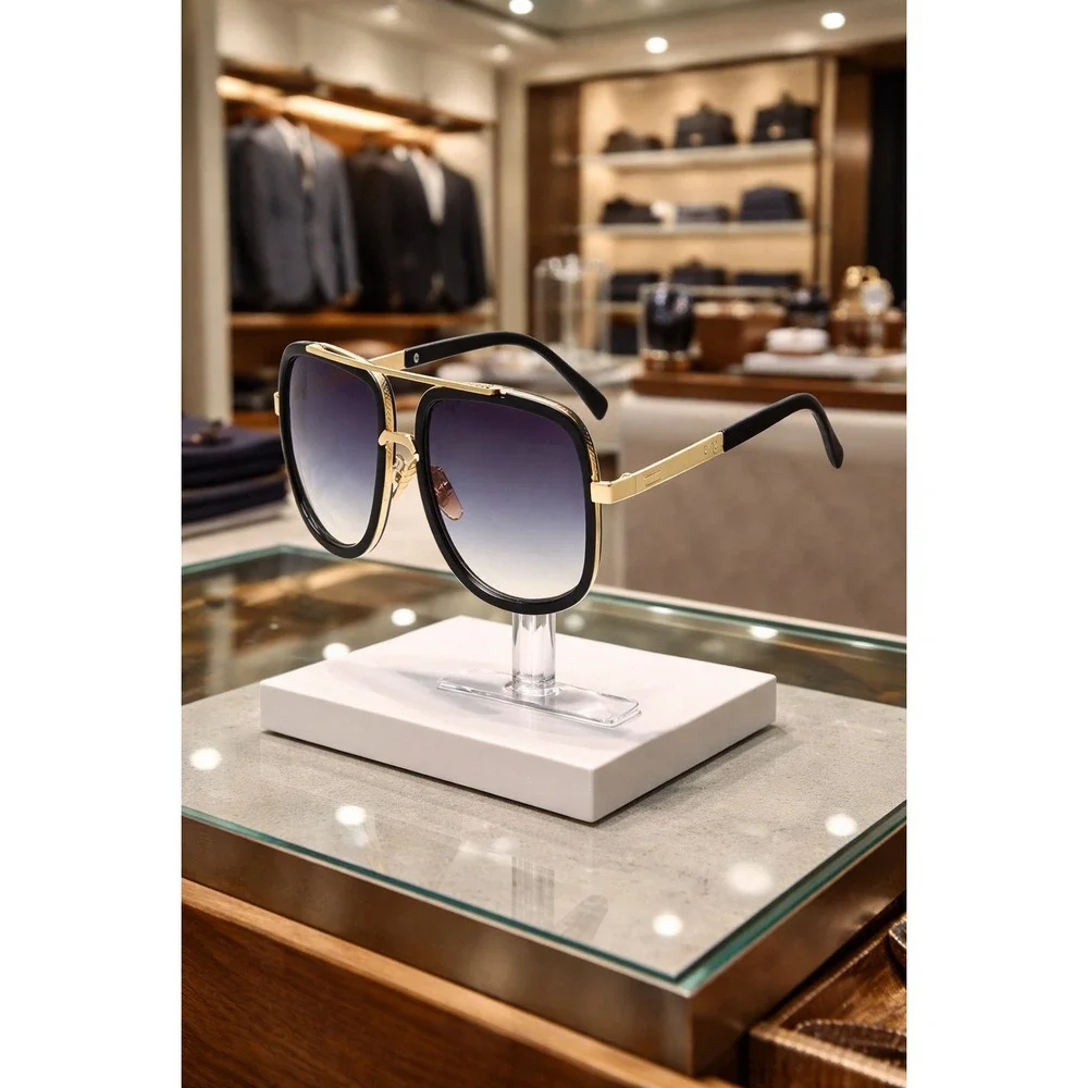 Sunglasses Men Punk‎ Premium Cool Square Double Bridge Black & Gold Shades